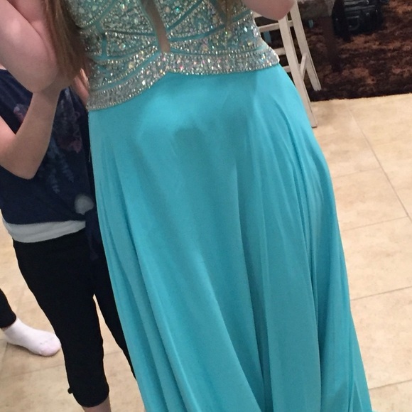 Jovani Turquoise Halter Prom Dress - Picture 3 of 6